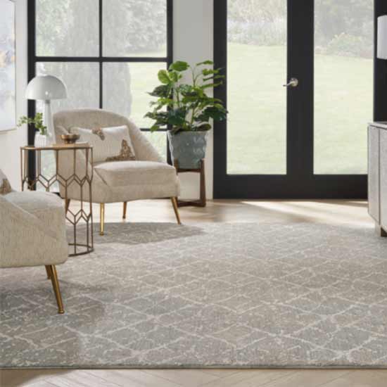 area rug in sitting area with armchair